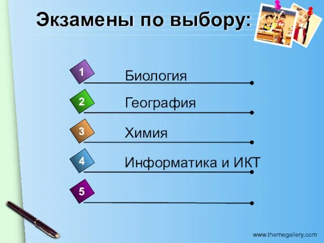 Экзамены по выбору: 4 Биология 1 2 3 5 География Химия Информатика и ИКТ