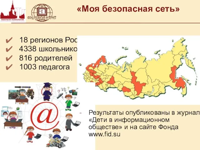 «Моя безопасная сеть» 18 регионов России 4338 школьников 14-17 лет 816 родителей