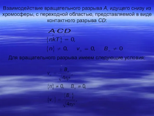 Взаимодействие вращательного разрыва А, идущего снизу из хромосферы, с переходной областью, представляемой