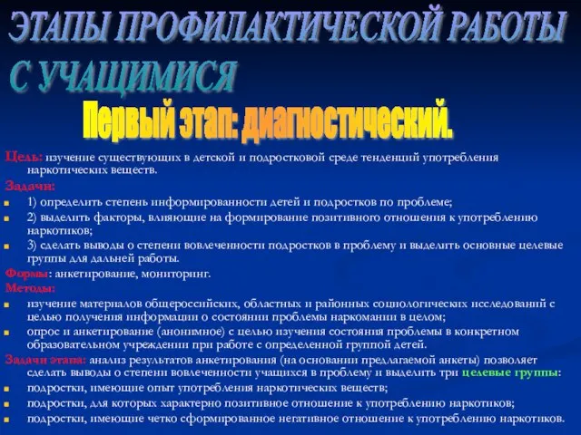 Цель: изучение существующих в детской и подростковой среде тенденций употребления наркотических веществ.