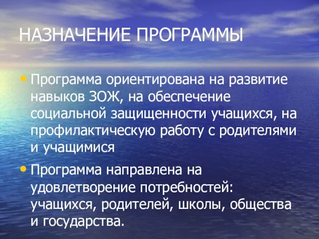 НАЗНАЧЕНИЕ ПРОГРАММЫ Программа ориентирована на развитие навыков ЗОЖ, на обеспечение социальной защищенности