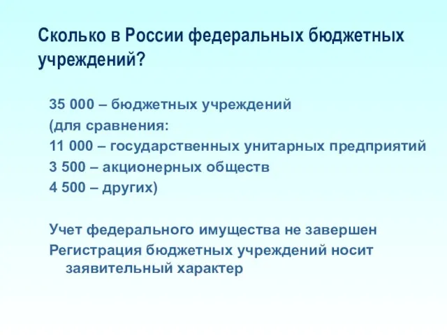 Сколько в России федеральных бюджетных учреждений? 35 000 – бюджетных учреждений (для