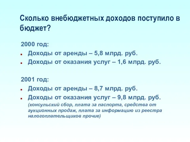 Сколько внебюджетных доходов поступило в бюджет? 2000 год: Доходы от аренды –