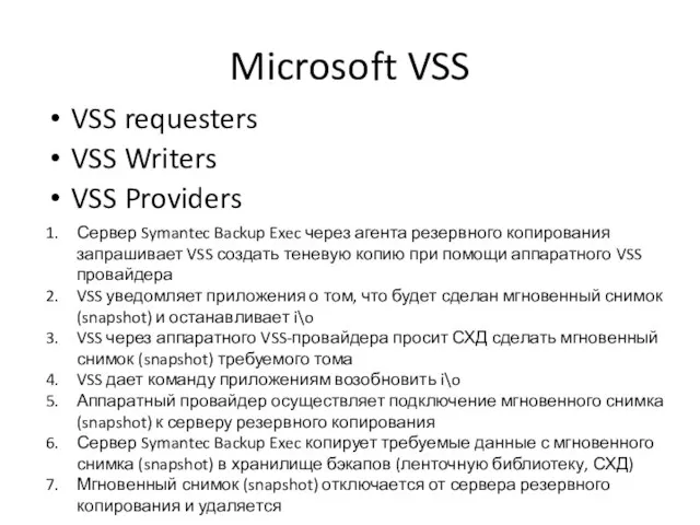 Microsoft VSS VSS requesters VSS Writers VSS Providers Сервер Symantec Backup Exec
