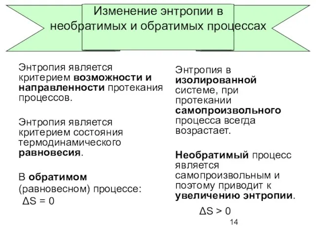 Изменение энтропии в необратимых и обратимых процессах Энтропия является критерием возможности и