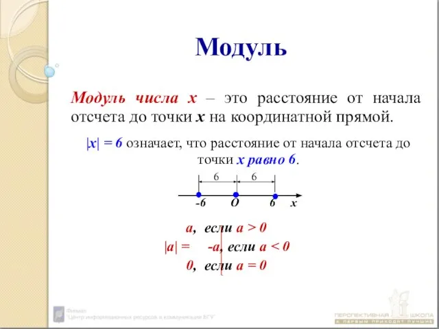 Модуль Модуль числа х – это расстояние от начала отсчета до точки