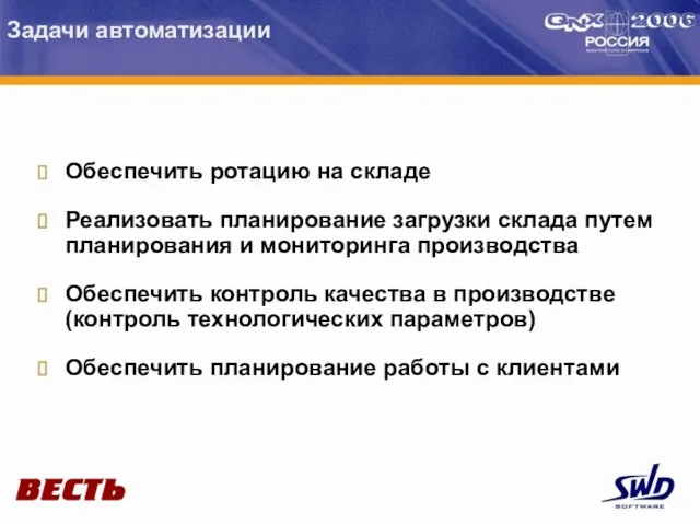 Задачи автоматизации Обеспечить ротацию на складе Реализовать планирование загрузки склада путем планирования