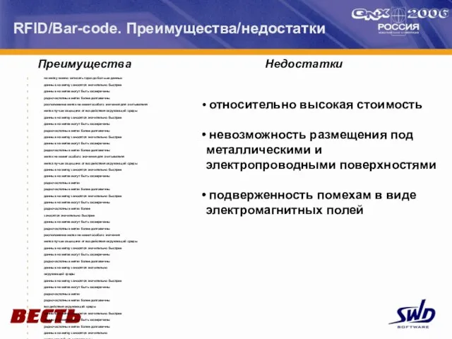 RFID/Bar-code. Преимущества/недостатки Преимущества Недостатки на метку можно записать гораздо больше данных данные