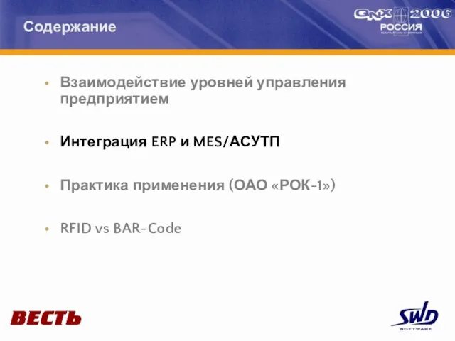 Взаимодействие уровней управления предприятием Интеграция ERP и MES/АСУТП Практика применения (ОАО «РОК-1») RFID vs BAR-Code Содержание