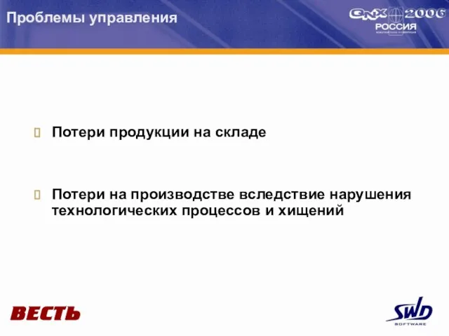 Проблемы управления Потери продукции на складе Потери на производстве вследствие нарушения технологических процессов и хищений