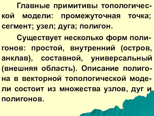 Главные примитивы топологичес-кой модели: промежуточная точка; сегмент; узел; дуга; полигон. Существует несколько