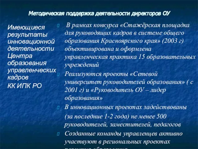 Методическая поддержка деятельности директоров ОУ В рамках конкурса «Стажёрская площадка для руководящих