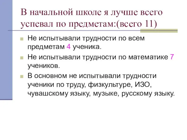 В начальной школе я лучше всего успевал по предметам:(всего 11) Не испытывали