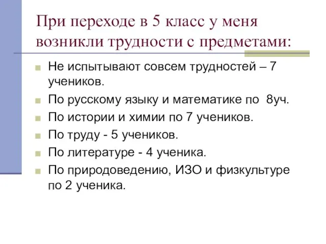 При переходе в 5 класс у меня возникли трудности с предметами: Не