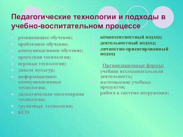 Педагогические технологии и подходы в учебно-воспитательном процессе развивающее обучение; проблемное обучение; коммуникативное