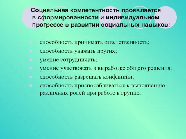 Социальная компетентность проявляется в сформированности и индивидуальном прогрессе в развитии социальных навыков: