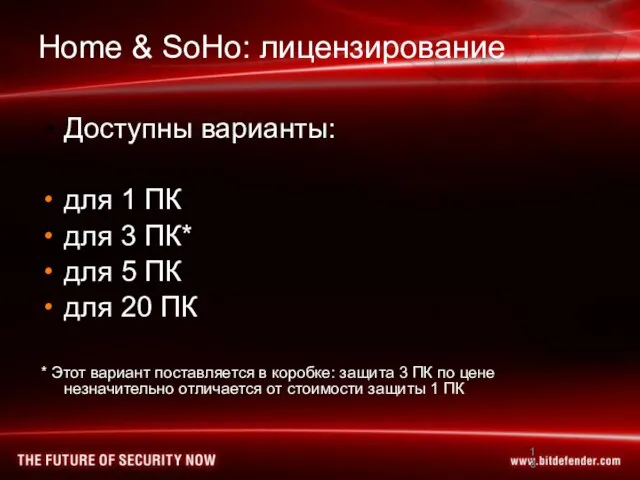 Home & SoHo: лицензирование Доступны варианты: для 1 ПК для 3 ПК*