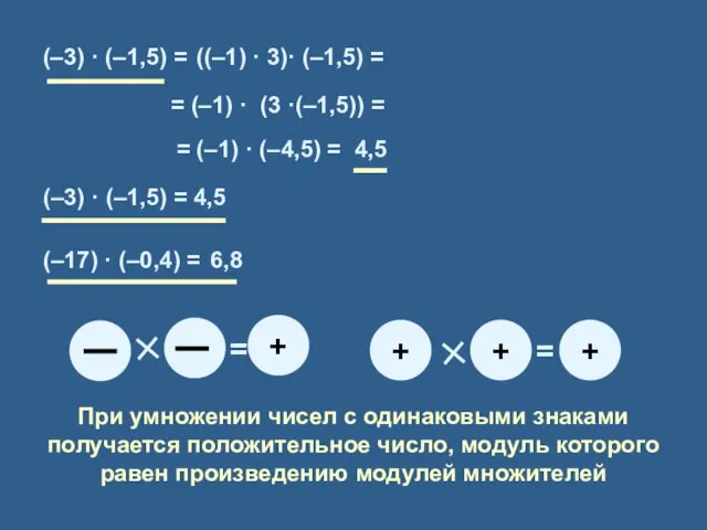 (–3) · (–1,5) = ((–1) · 3) · (–1,5) = = (–1)