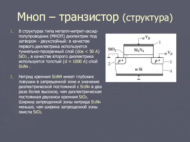 Мноп – транзистор (структура) В структурах типа металл-нитрит-оксид-полупроводник (МНОП) диэлектрик под затвором