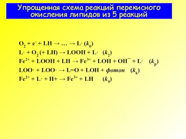 Упрощенная схема реакций перекисного окисления липидов из 5 реакций O2 + е-