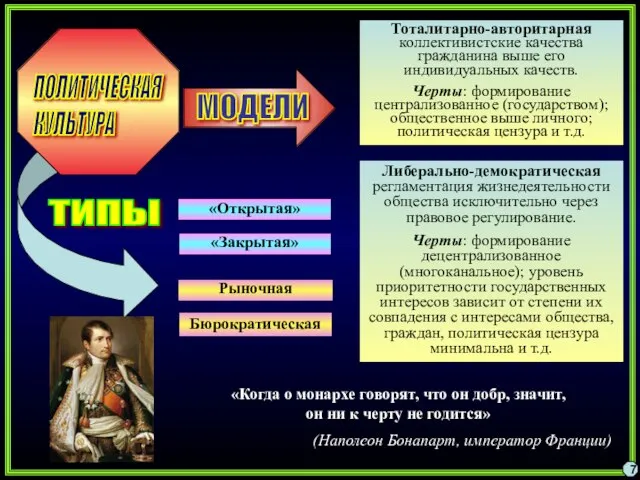 7 Тоталитарно-авторитарная коллективистские качества гражданина выше его индивидуальных качеств. Черты: формирование централизованное