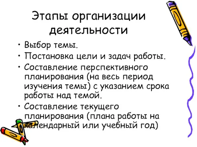 Этапы организации деятельности Выбор темы. Постановка цели и задач работы. Составление перспективного