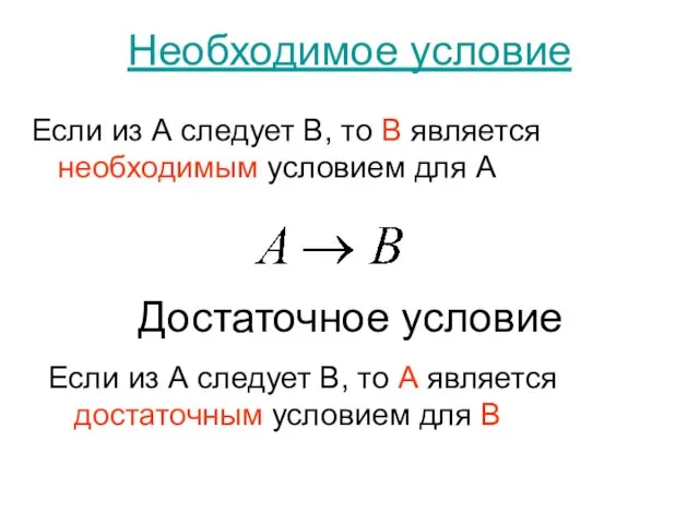 Необходимое условие Если из А следует В, то В является необходимым условием