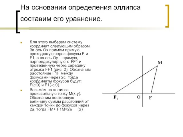 На основании определения эллипса составим его уравнение. Для этого выберем систему координат