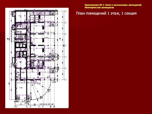 План помещений 1 этаж, 1 секция Приложение № 1: План и экспликация помещений. Коммерческие помещения