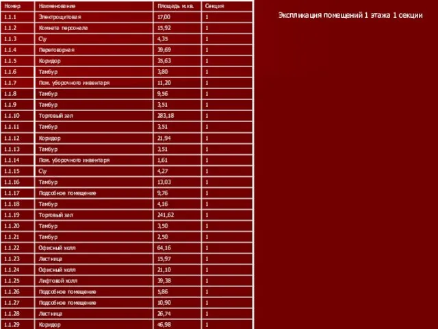 Экспликация помещений 1 этажа 1 секции