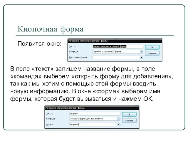 Появится окно: Кнопочная форма В поле «текст» запишем название формы, в поле