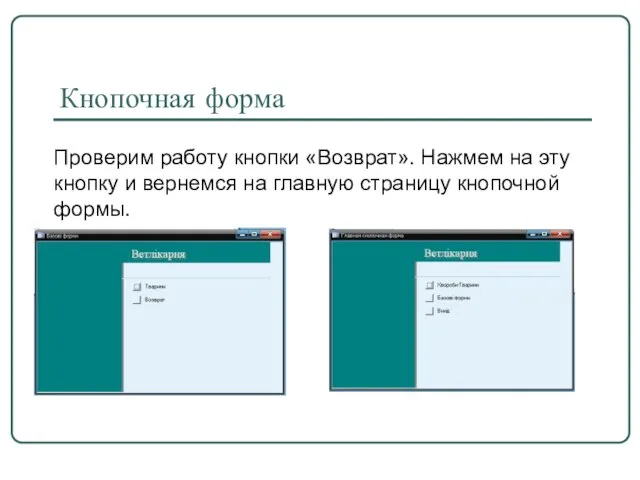 Кнопочная форма Проверим работу кнопки «Возврат». Нажмем на эту кнопку и вернемся