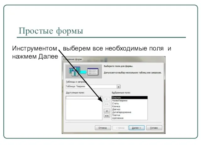 Простые формы Инструментом выберем все необходимые поля и нажмем Далее