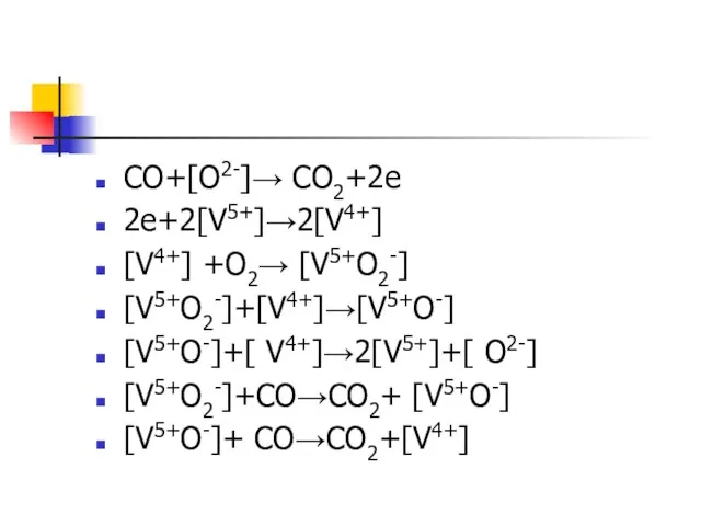 СО+[O2-]→ CO2+2e 2e+2[V5+]→2[V4+] [V4+] +O2→ [V5+O2-] [V5+O2-]+[V4+]→[V5+O-] [V5+O-]+[ V4+]→2[V5+]+[ O2-] [V5+O2-]+CO→CO2+ [V5+O-] [V5+O-]+ CO→CO2+[V4+]