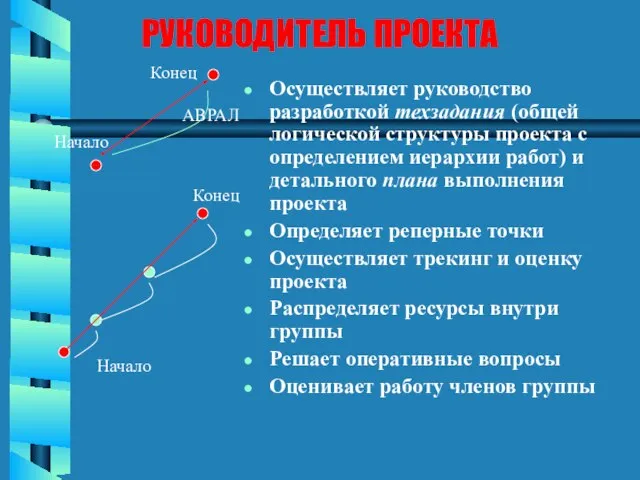 РУКОВОДИТЕЛЬ ПРОЕКТА Осуществляет руководство разработкой техзадания (общей логической структуры проекта с определением