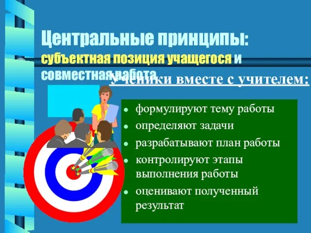 Центральные принципы: субъектная позиция учащегося и совместная работа формулируют тему работы определяют