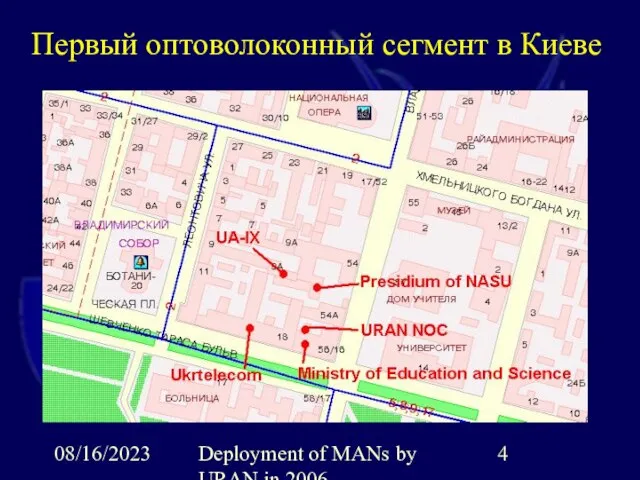 08/16/2023 Deployment of MANs by URAN in 2006 Первый оптоволоконный сегмент в Киеве