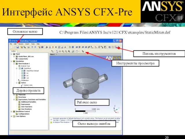 Интерфейс ANSYS CFX-Pre Дерево проекта Рабочее окно Основное меню Окно вывода ошибок