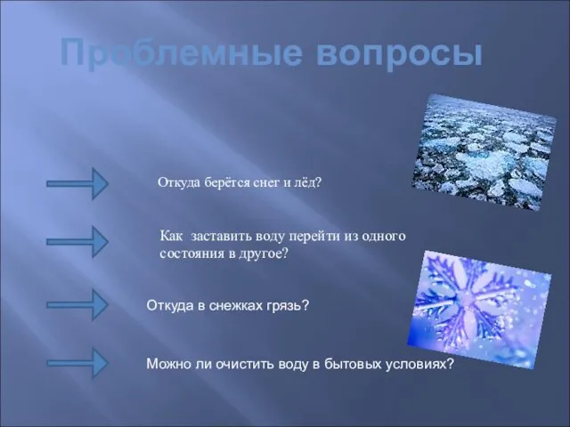 Проблемные вопросы Откуда берётся снег и лёд? Как заставить воду перейти из