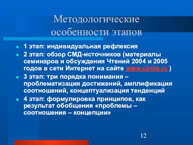 Методологические особенности этапов 1 этап: индивидуальная рефлексия 2 этап: обзор СМД-источников (материалы