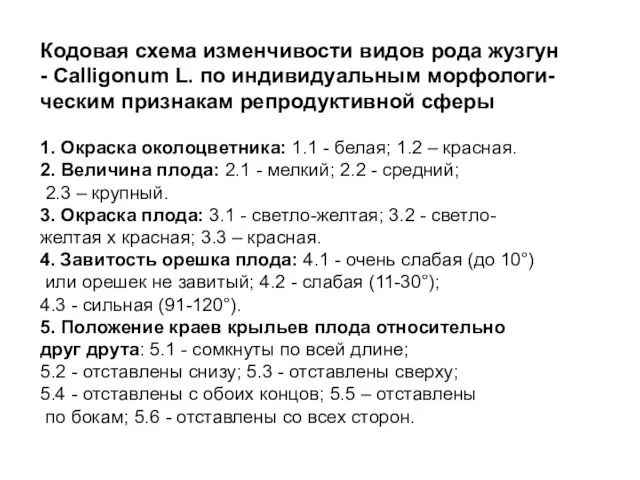 Кодовая схема изменчивости видов рода жузгун - Calligonum L. по индивидуальным морфологи-