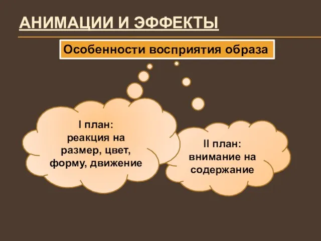 АНИМАЦИИ И ЭФФЕКТЫ Особенности восприятия образа II план: внимание на содержание I