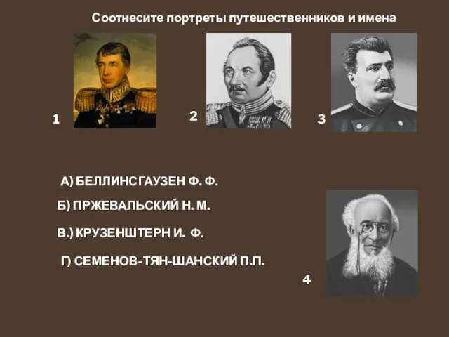 В.) КРУЗЕНШТЕРН И. Ф. А) БЕЛЛИНСГАУЗЕН Ф. Ф. Б) ПРЖЕВАЛЬСКИЙ Н. М.