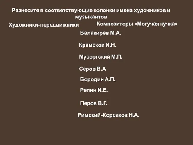 Художники-передвижники Композиторы «Могучая кучка» Балакирев М.А. Крамской И.Н. Мусоргский М.П. Серов В.А