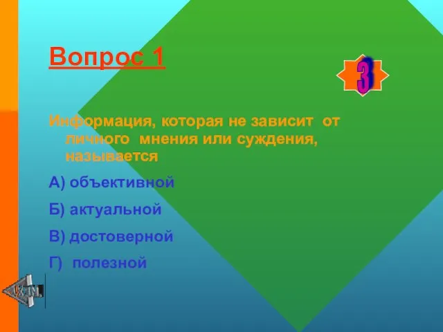 Вопрос 1 Информация, которая не зависит от личного мнения или суждения, называется