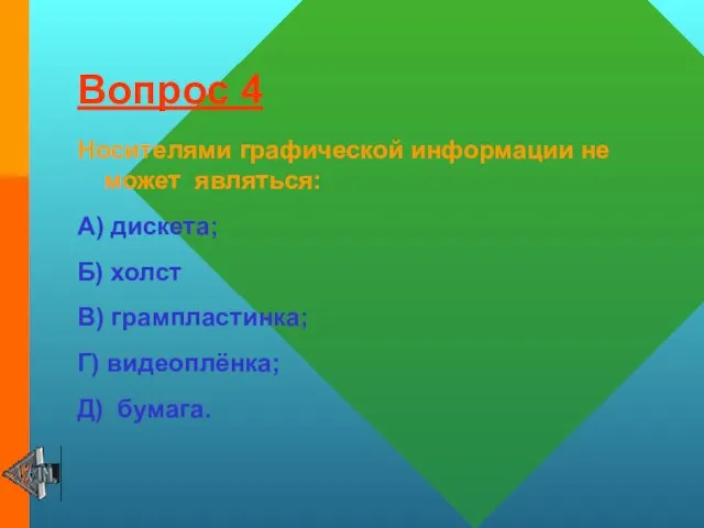 Вопрос 4 Носителями графической информации не может являться: А) дискета; Б) холст