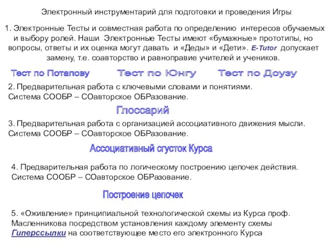Электронный инструментарий для подготовки и проведения Игры 1. Электронные Тесты и совместная