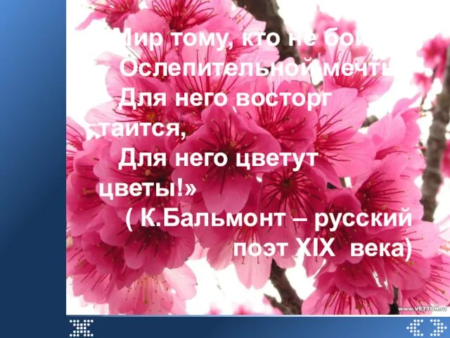 «Мир тому, кто не боится Ослепительной мечты, Для него восторг таится, Для