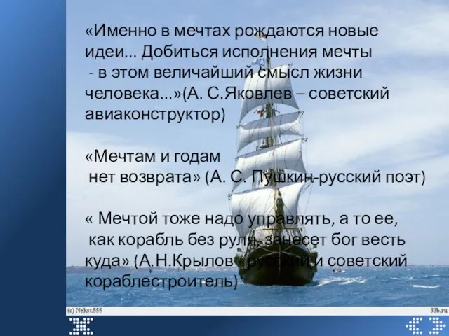 «Именно в мечтах рождаются новые идеи... Добиться исполнения мечты - в этом