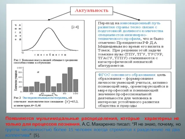 Появляются мультимодальные распределения, которые характерны не только для процессов познания. А.С. Макаренко